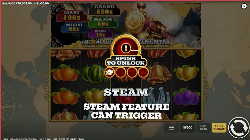 Uma locomotiva de luxo em um cenário vintage, representando o slot Grand Link Continental: Hold & Win.