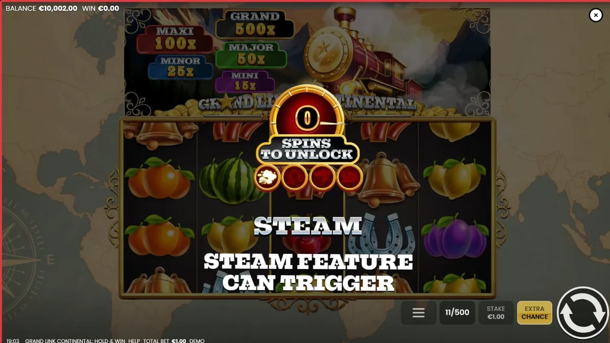 Uma locomotiva de luxo em um cenário vintage, representando o slot Grand Link Continental: Hold & Win.