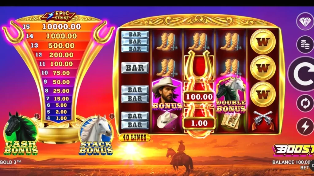 Interface do slot Western Gold 3 com elementos visuais de faroeste e luzes de neon